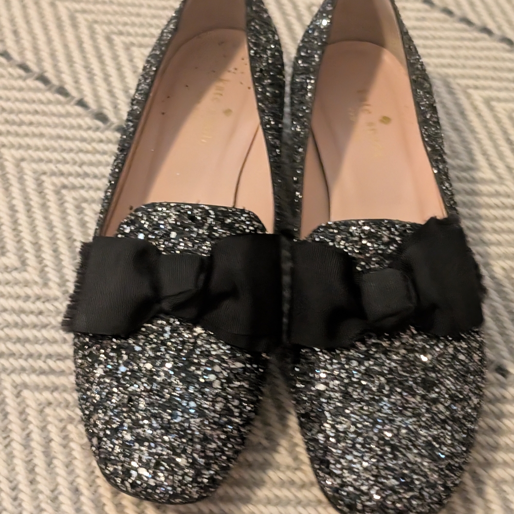 Kate Spade Black Glitter Heels with Bow Worn With Care W8.5